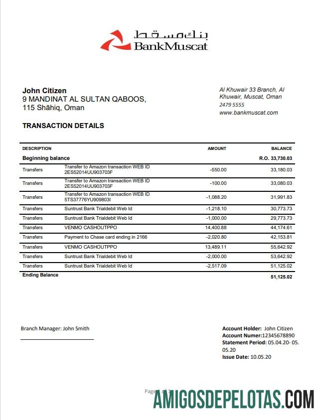 Modelo de extrato bancário de comprovante de endereço do Oman Bank Muscat